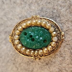Faux Pearl & Green Engraved Center on Antiqued Goldtone Brooch